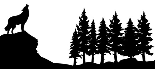 Black silhouette of wild howling wolf on rock and forest fir trees camping wildlife adventure landscape panorama illustration icon vector for logo, isolated on white background