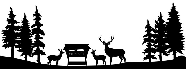 Black silhouette of wild animals, deer and roe deer at feeding station in the forest with fir and spruce trees landscape panorama illustration icon vector for logo, isolated on white background © Corri Seizinger