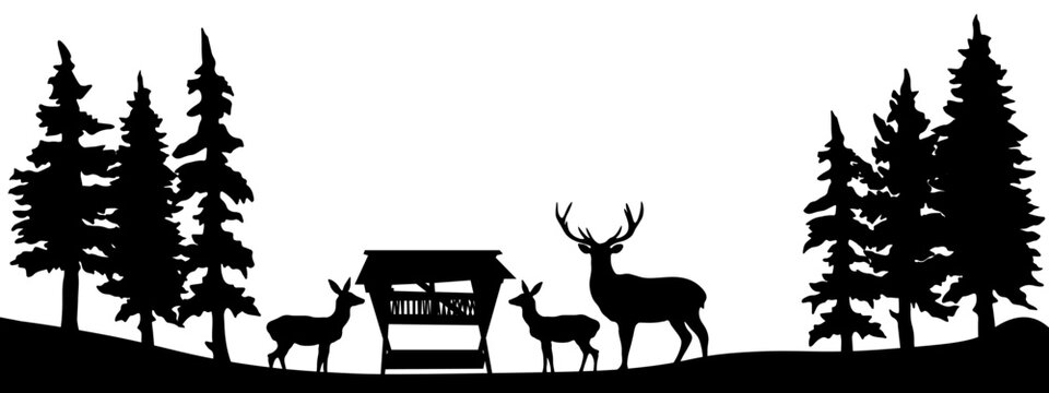 Black silhouette of wild animals, deer and roe deer at feeding station in the forest with fir and spruce trees landscape panorama illustration icon vector for logo, isolated on white background