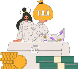 Gorgeous girl rerzhit in her hand a bag with taxes. The topic of paying taxes.