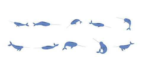 Narwhal Character sea animal on deep background. Wild life illustration. Vector illustration.