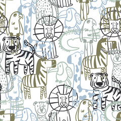 Seamless pattern with lion, palm, lion and alligator. Isolated pattern for textile, fabric, stationery, Web and other designs.