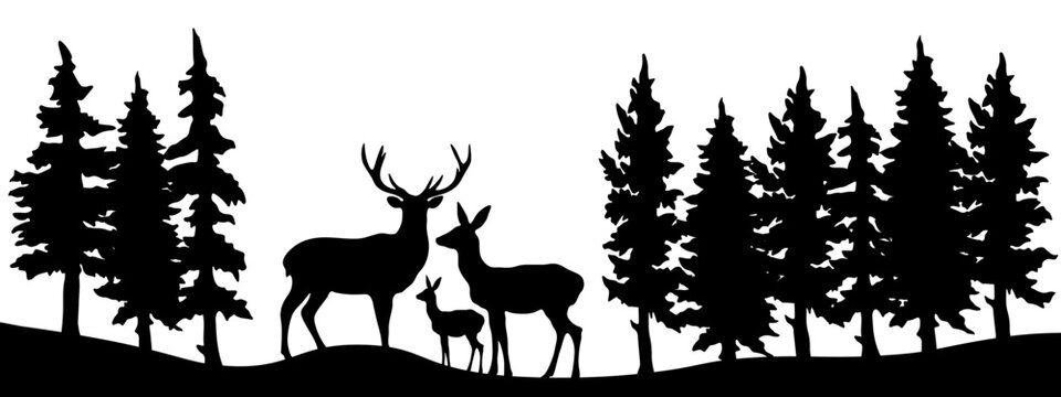 Black silhouette of wild deer family and forest fir trees camping wildlife adventure landscape panorama illustration icon vector for logo, isolated on white background