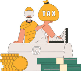 A chic man rerzhit in his hand a bag of taxes. The topic of paying taxes.