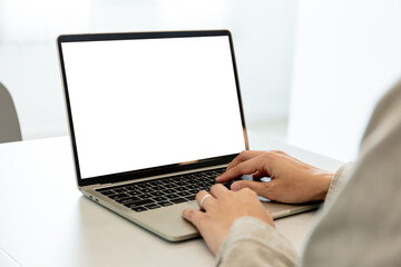 computer screen blank mockup.hand woman work using laptop with white background for...