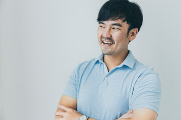 Fototapeta premium adult asian man.young male person.posing smiling laughing look excited surprised thinking positive happy people.empty space for text advertising.white background.attractive fashion