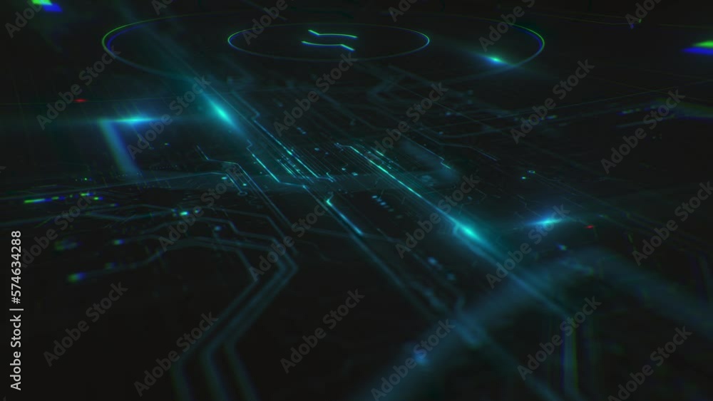 Poster high tech hud digital circuit background/ 4k motion graphics of a futuristic hi-tech computer circui