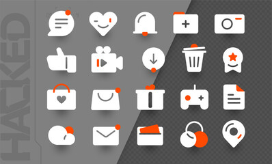 Icons for basic app and functions. Games, communication, weather, shopping and others. Black icons with orange elements.