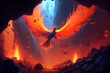 Raise of burning bird phoenix in the volcanic landscape. Neural network AI generated art