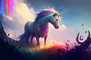 Fototapeta na wymiar Magic unicorn in fantastic world with fluffy clouds and fairy meadows. Neural network AI generated art
