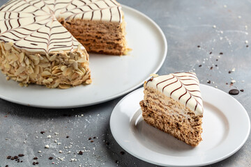 layer cake with caramel and nut. banner, menu, recipe place for text