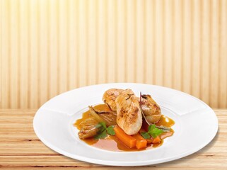 Chicken meat with tomato and salad on plate. Fastfood concept.