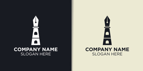 pen and lighthouse logo design vector, sea vintage logo template