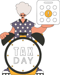 A neat man with a calendar and an alarm clock. The topic of paying taxes.