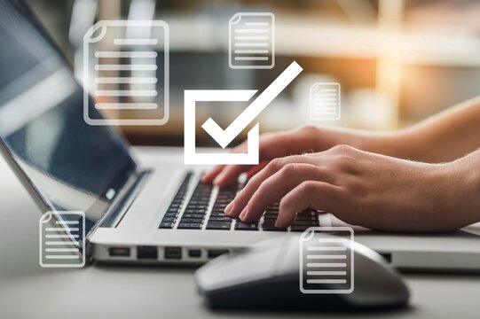 Online business signature concept. Hands on laptop