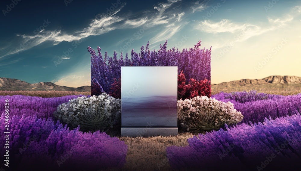 Wall mural natural beauty podium with lavender field background for your product showcase.generative ai