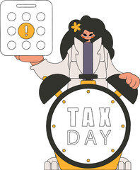 Neat woman with calendar and alarm clock. The topic of paying taxes.