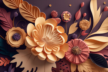 3d floral paper cut background, volume spring flowers generative ai