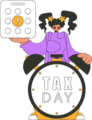 Modern woman with calendar and alarm clock. The topic of paying taxes.