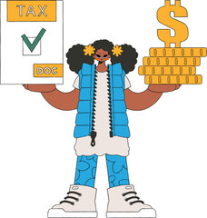 A modern girl holds a tax form and coins in her hands. The topic of paying taxes.