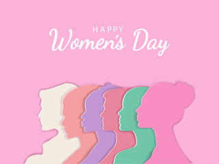 Fototapeta na wymiar Women's Day banner or greeting card with womens faces .Mothers Day. Greeting card for 8 March.For brochures, postcards, tickets, banners.Womens History Month.