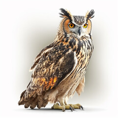 Eagle owl isolated on white close up, interesting unusual bird of prey 