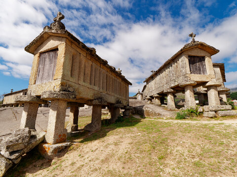 Granaries of Soajo or Espigueiros de Soajo in Portugal. These narrow stone granaries have been used to store and dry out grain for hundreds of years. 