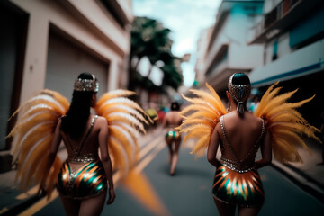 Fototapeta na wymiar Holiday carnival with people beautiful women in carnival costumes view from the back, lifestyle on the street much city, glowing outfits, long exposure, smudged figures, vacation travel. Generative AI
