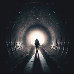 person walks along long dark tunnel towards the light, symbol of hope, rebirth, renewal