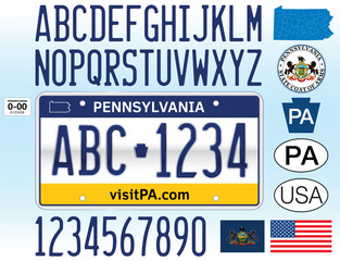 Pennsylvania US State car license plate pattern, letters, numbers and symbols, vector illustration, United States