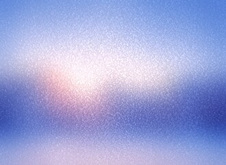 Frosted glass with winter snowy landscape. Pink sunshine above blue outside view.