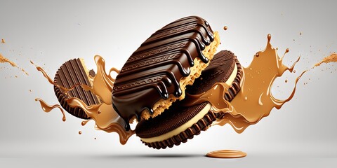 3D illustration of sandwich cookies with chocolate splashes, Generative AI