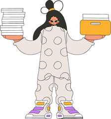 A combed woman holds a pile of documents in her hands.