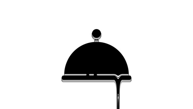 Black Covered with a tray of food icon isolated on white background. Tray and lid. Restaurant cloche with lid. Kitchenware symbol. 4K Video motion graphic animation