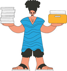 A stylish man holds stacks of documents in his hands.