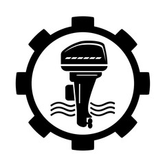 Vector illustration, logo, web icon of outboard motor and gears. Isolated on a white background.	
