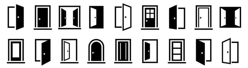 Door icon set. Open the door icon. Door front vector icon. Vector illustration - obrazy, fototapety, plakaty