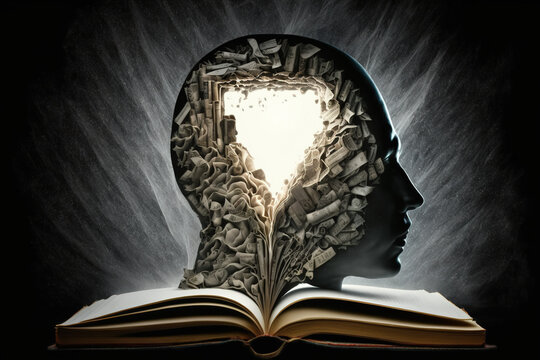 The mind with books, education, research, college, brain idea .Art collage and new creative ideas. Generative AI.