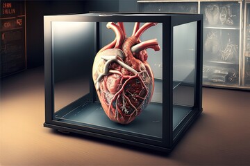 Medical anatomical mutated heart in a glas box, 3d render, Realistic heart, Soft light, Generative AI