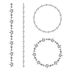 Set of hand drawn crown patterns. Line and round line borders, royal and swirl elements. Crown Wreath with ornament round frame. Dividers and circle frames vector isolated on white background.