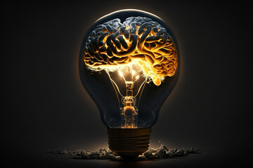 Concept of brain in a lightbulb. Creative Idea with Brain and Light Bulb. Generative Ai