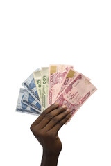 The Nigerian Naira note isolated on white background. Hand holds up Naira notes of different denomination like a fan on one hand. 