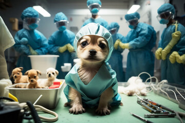 Parto de cachorros en hospital, momento después del parto de cachorritos en hospital con ayuda de veterinarios profesionales. Generative ai.