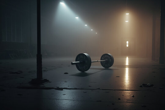 Sala de gimnasio vacío con ambiente de niebla y unas pesas en el suelo, ambiente oscuro. Generative ai.