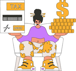 Stylish girl holds a tax form and coins in her hands. The topic of paying taxes.