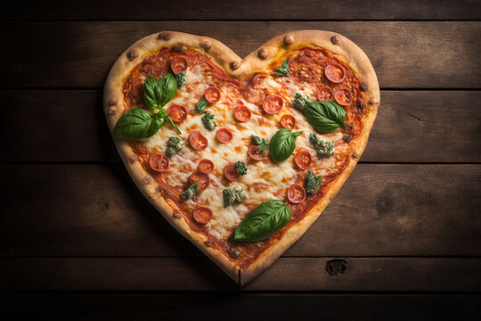 Pizza in shape of a heart on wooden table, front view
