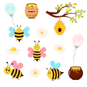 Cute bees, daisies, balloons, honey and beehive set. Cartoon characters collection.