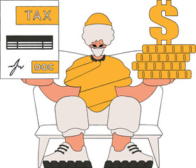 A graceful man holds a tax form and coins in his hands. The topic of paying taxes.