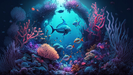 Fototapeta na wymiar underwater ocean, dolphin, shark, coral, sea plants, stingray and turtle