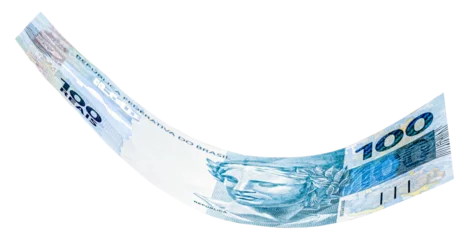 Crédence de cuisine en verre imprimé Brésil banknote of one hundred reais from brazil falling on isolated white background